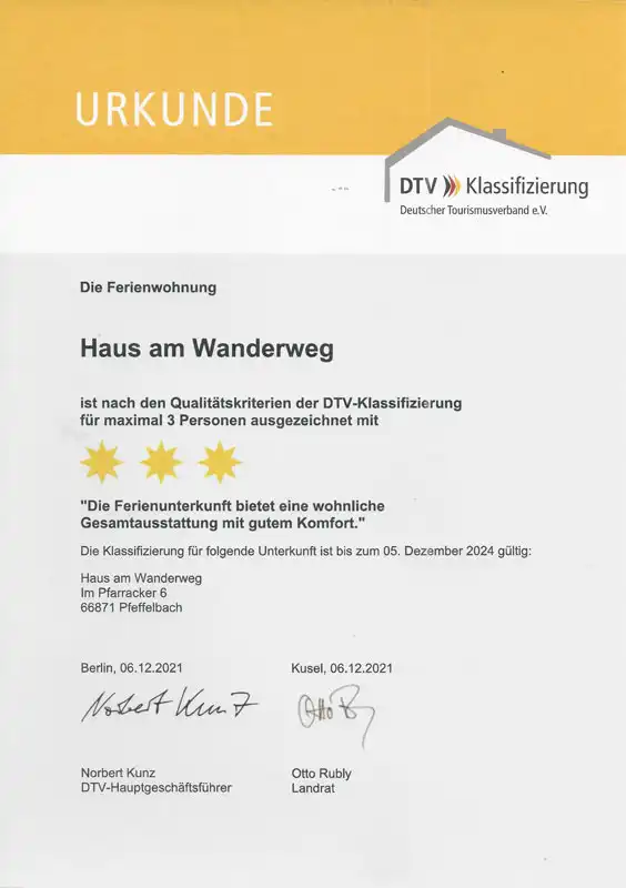 DTV Klassifizierung 3 Sterne Ferienwohnung am Wanderweg Pfeffelbach